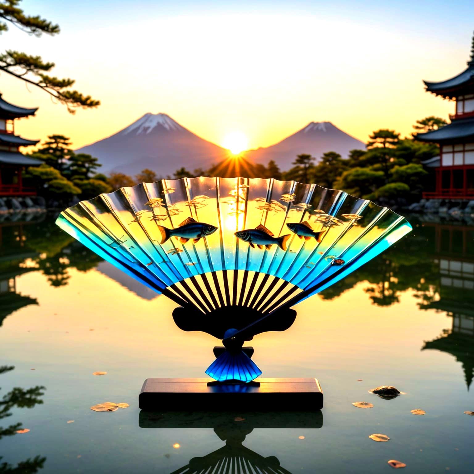Japanese Glass Hand Fan with Sunset Lake Scene