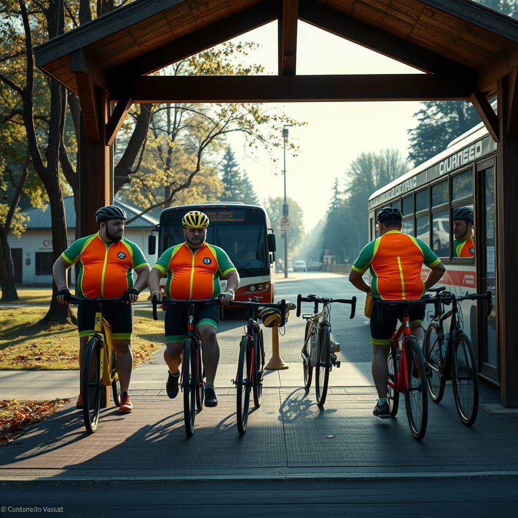 Overweight Cyclists Await Bus: Hyper-Realistic Photorealism