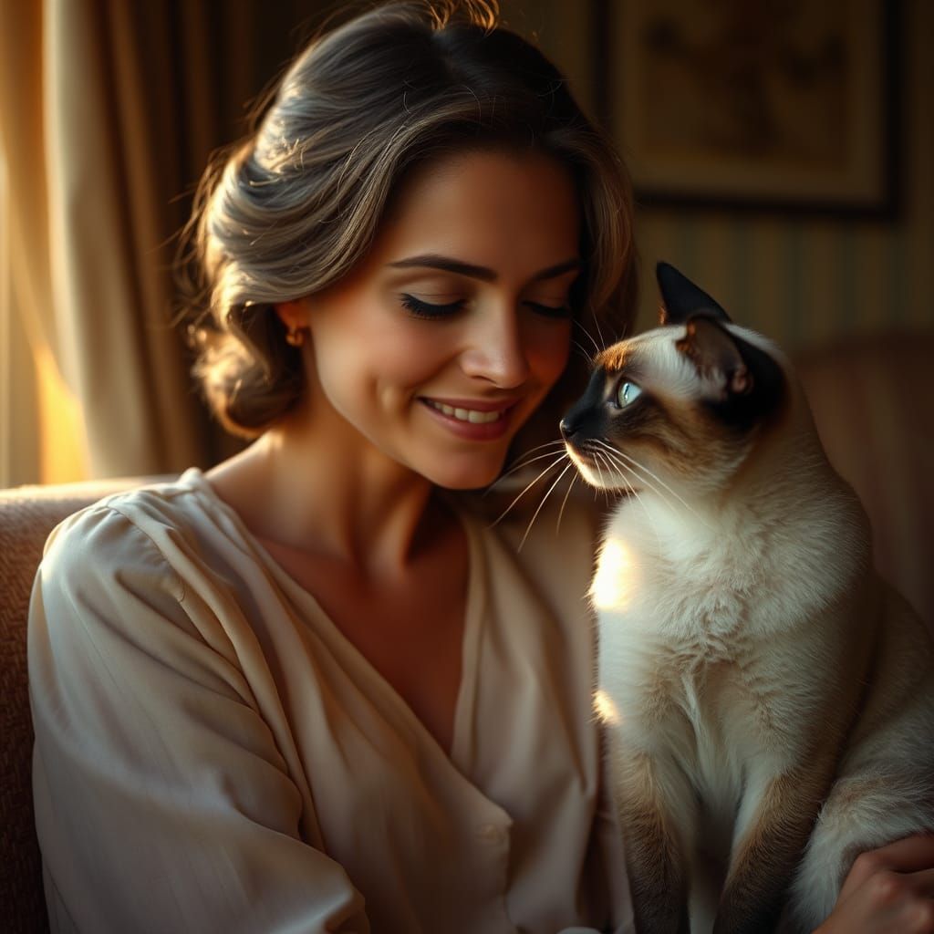Woman and Siamese Cat Nose Touch in Golden Light
