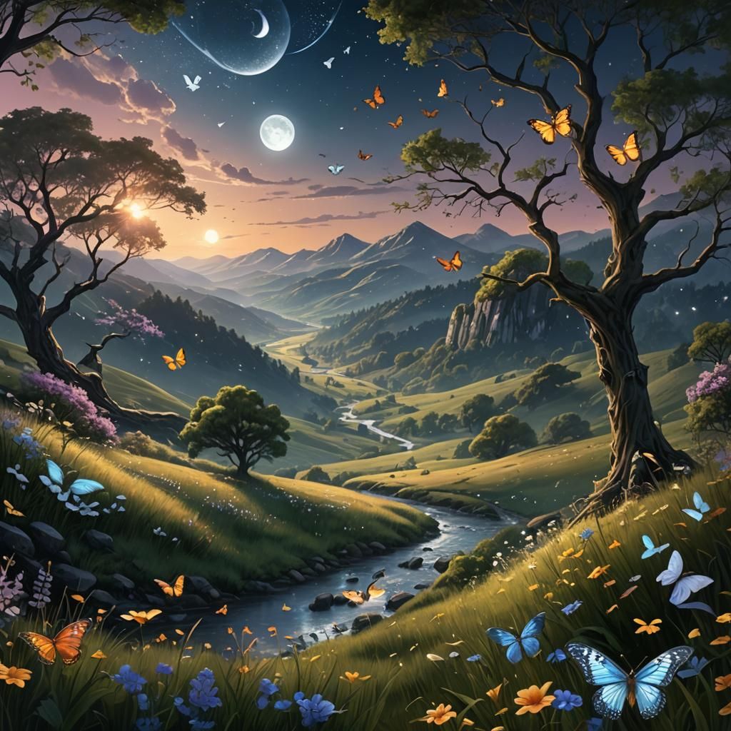 Moonlit Streams Flow Through Dreamlike Meadow