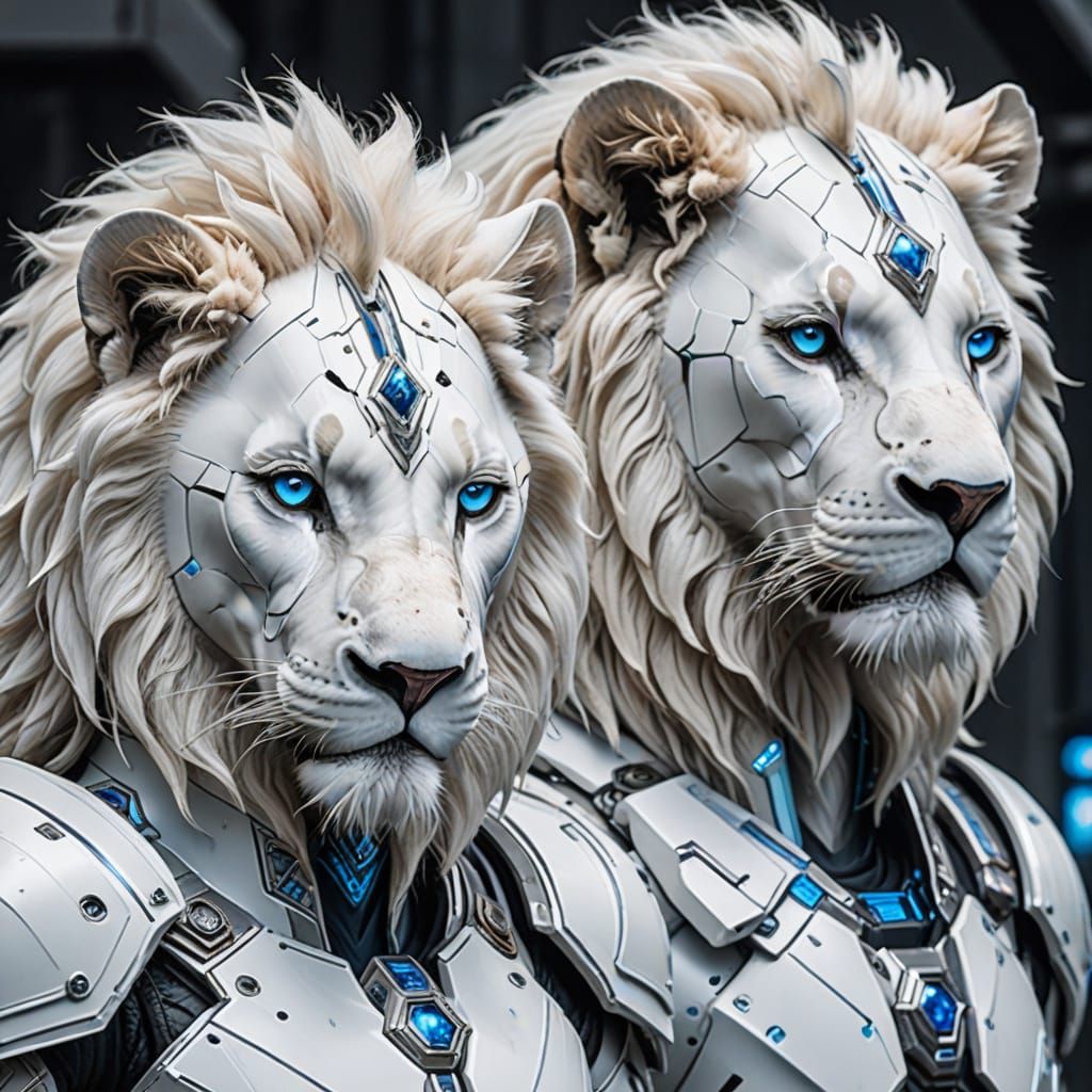 a male and a female blue eyed white lion in white futuristic...