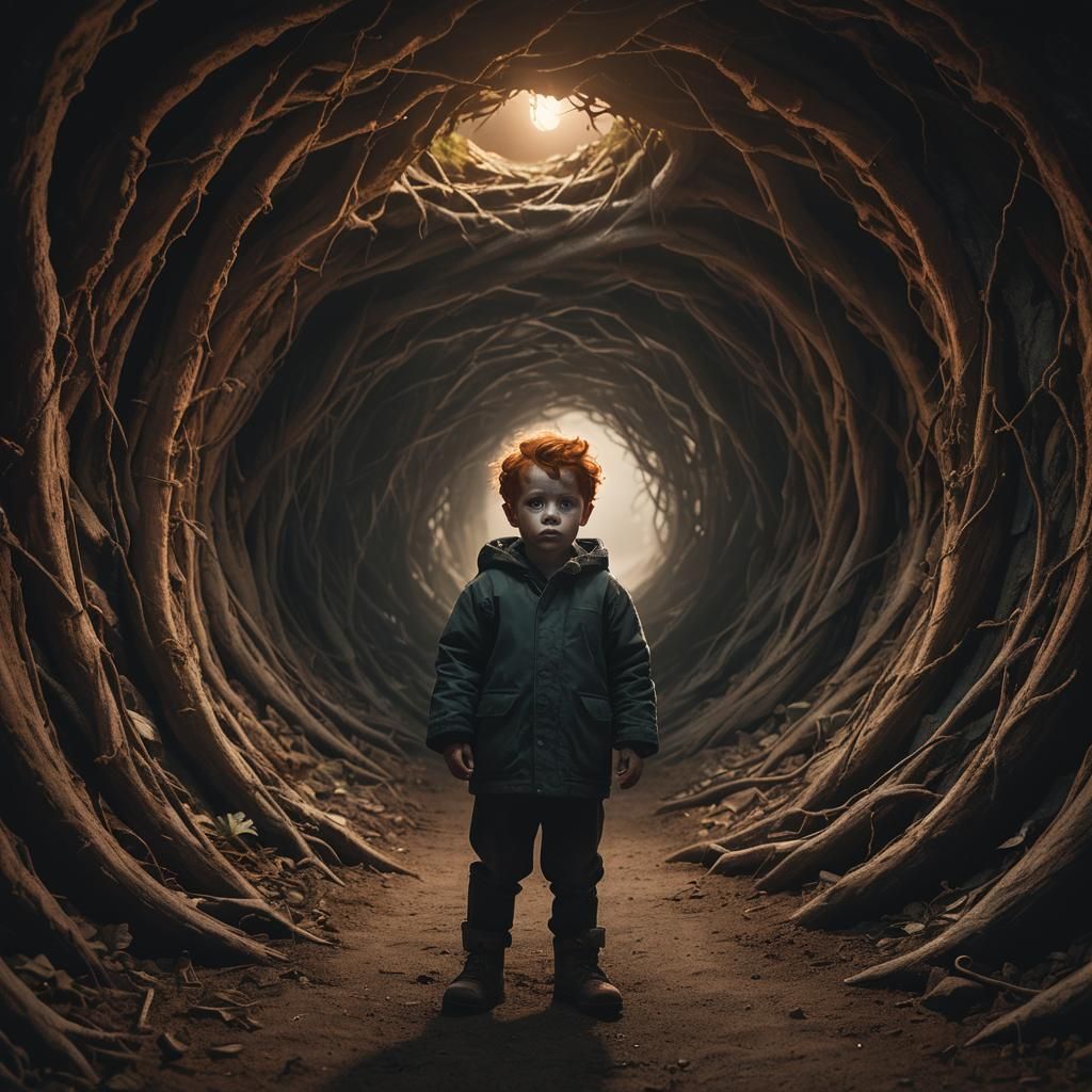 Redhead Boy in Sinister Tunnel: Dark Fantasy Art