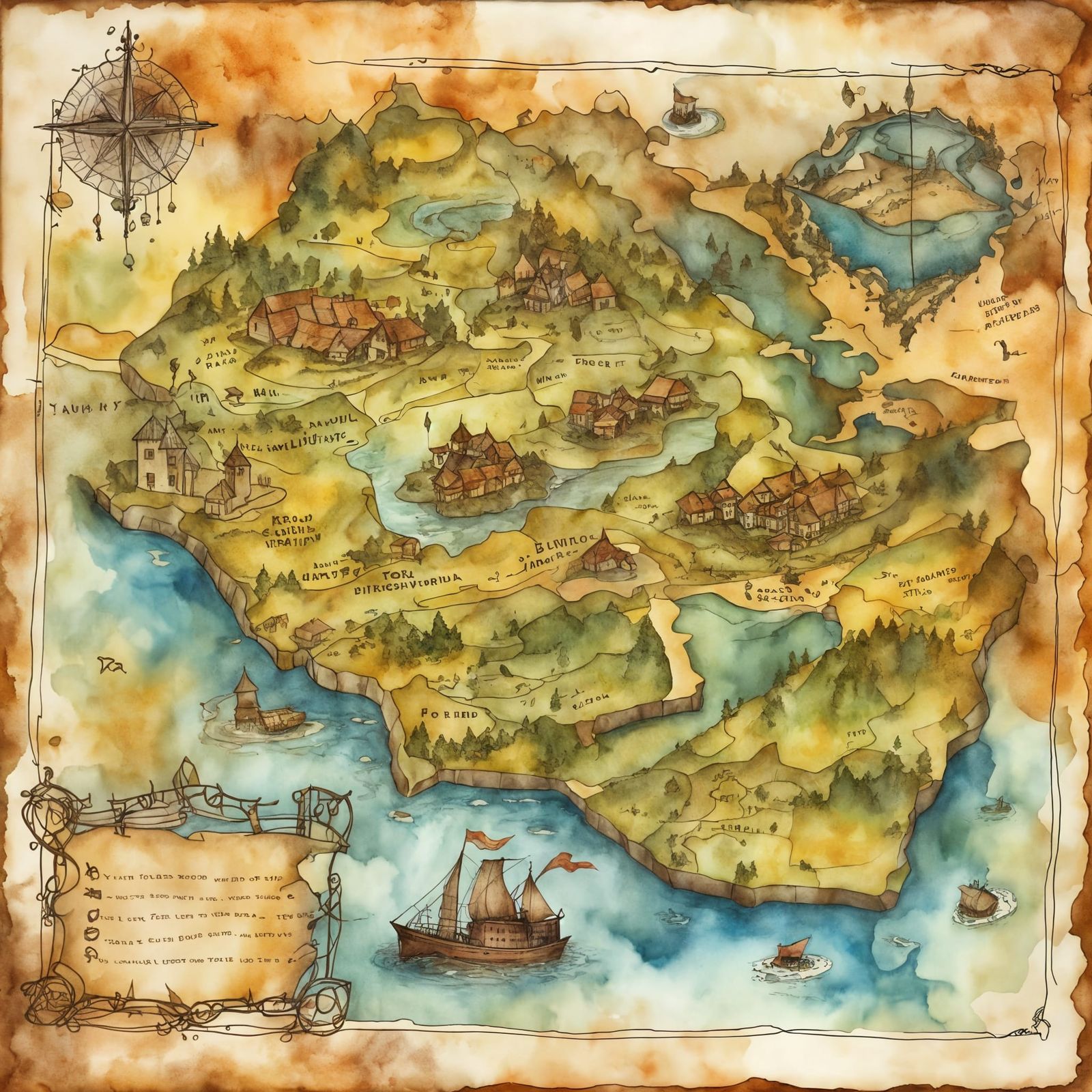 Fantasy Map in Tea-Stained Watercolor Style