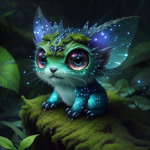 Enchanting Creature on Mossy Log with Bioluminescent Glow
