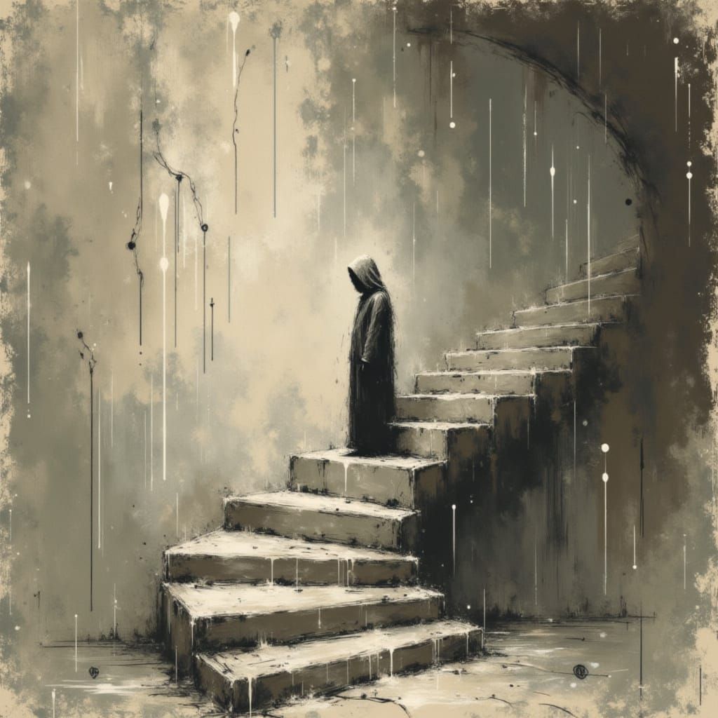 Mysterious Figure on Warped Stairs in Impressionist Style