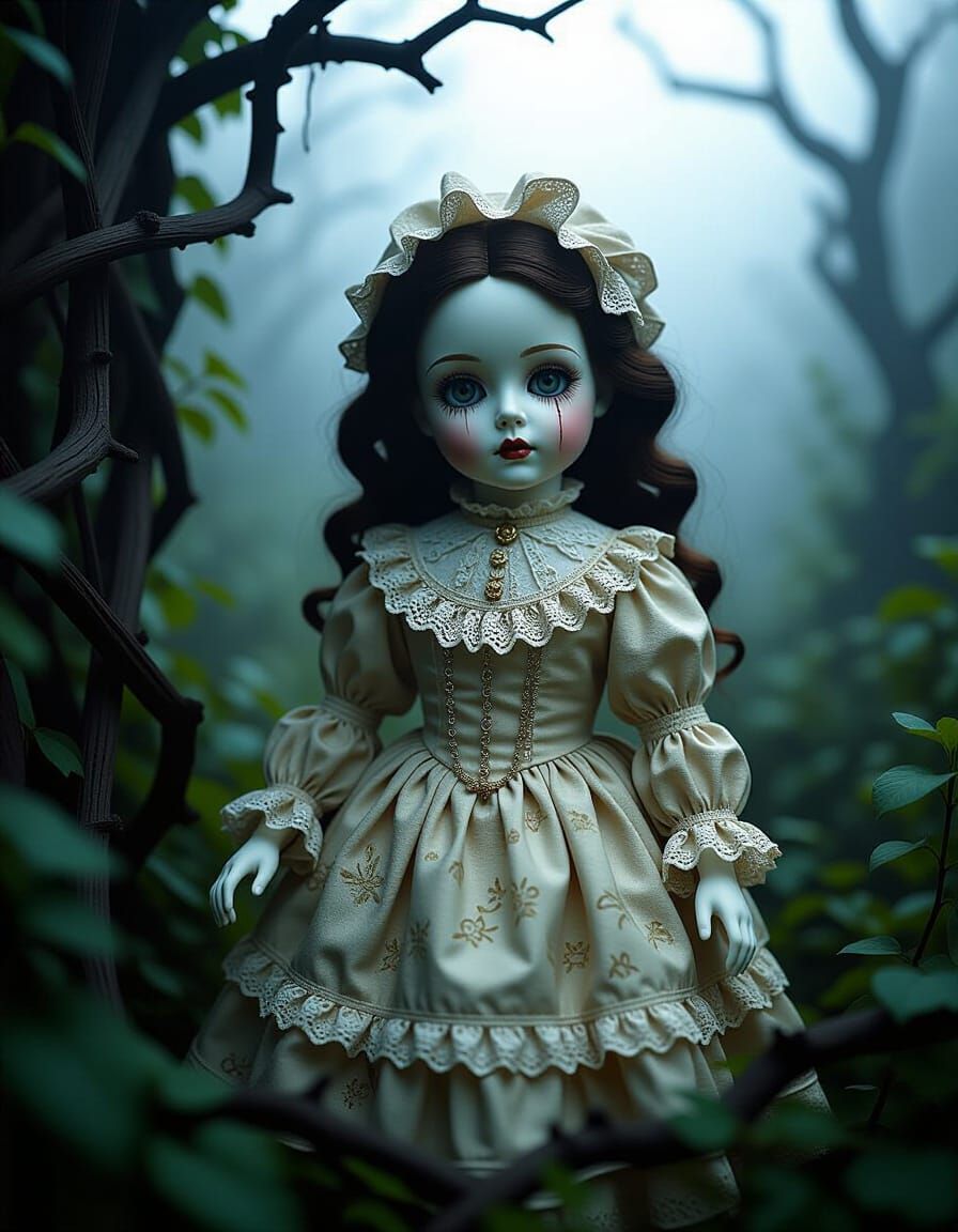 Eerie Porcelain Doll in Overgrown Victorian Garden