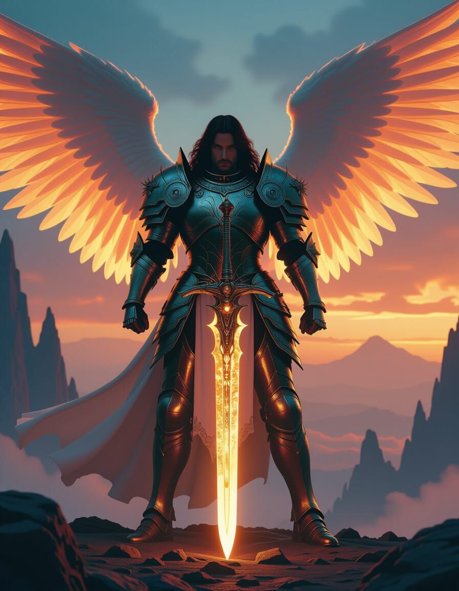 Archangel Michael with Flaming Sword in Cyberpunk Style