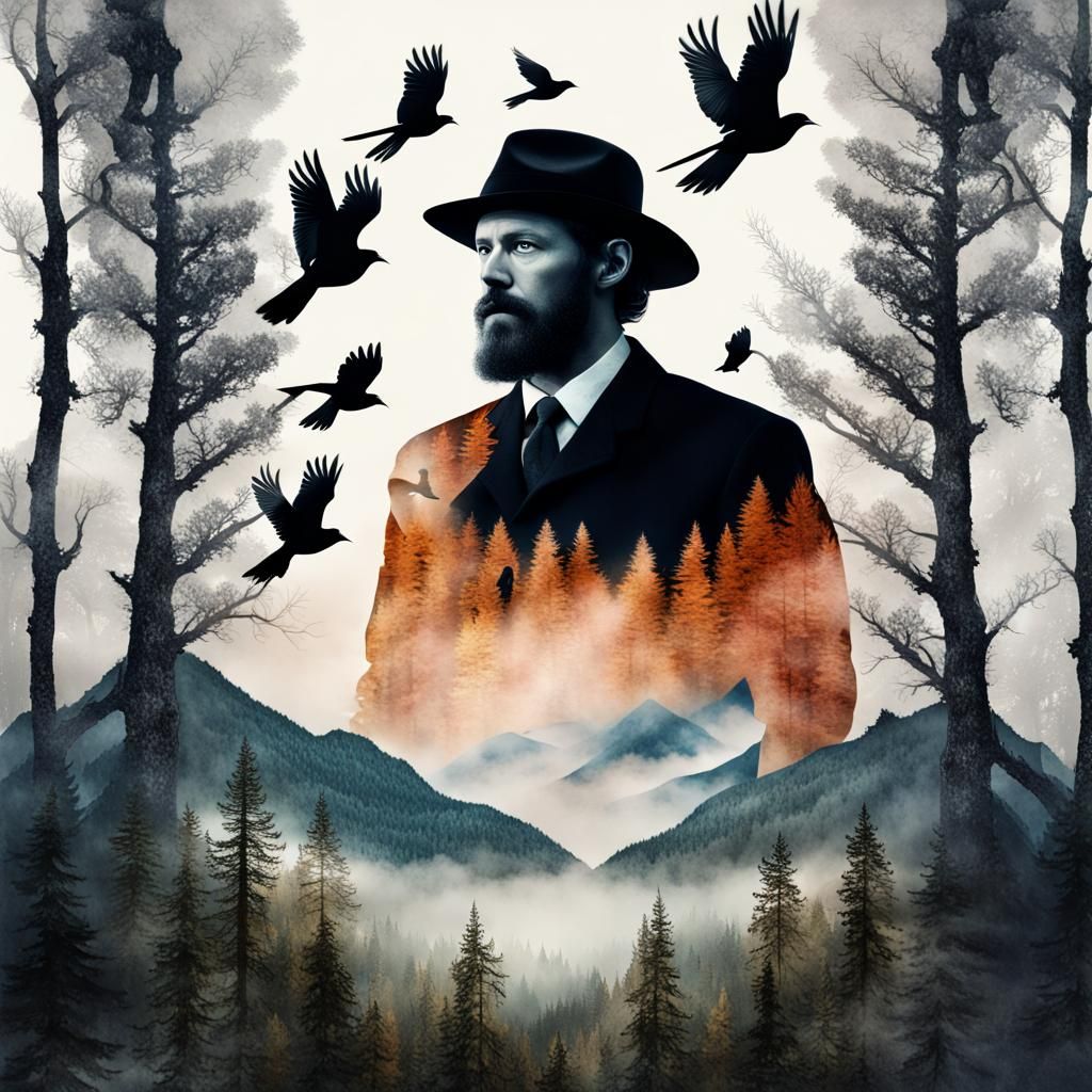 Mountain Man in Woods: Magic Realism Double Exposure