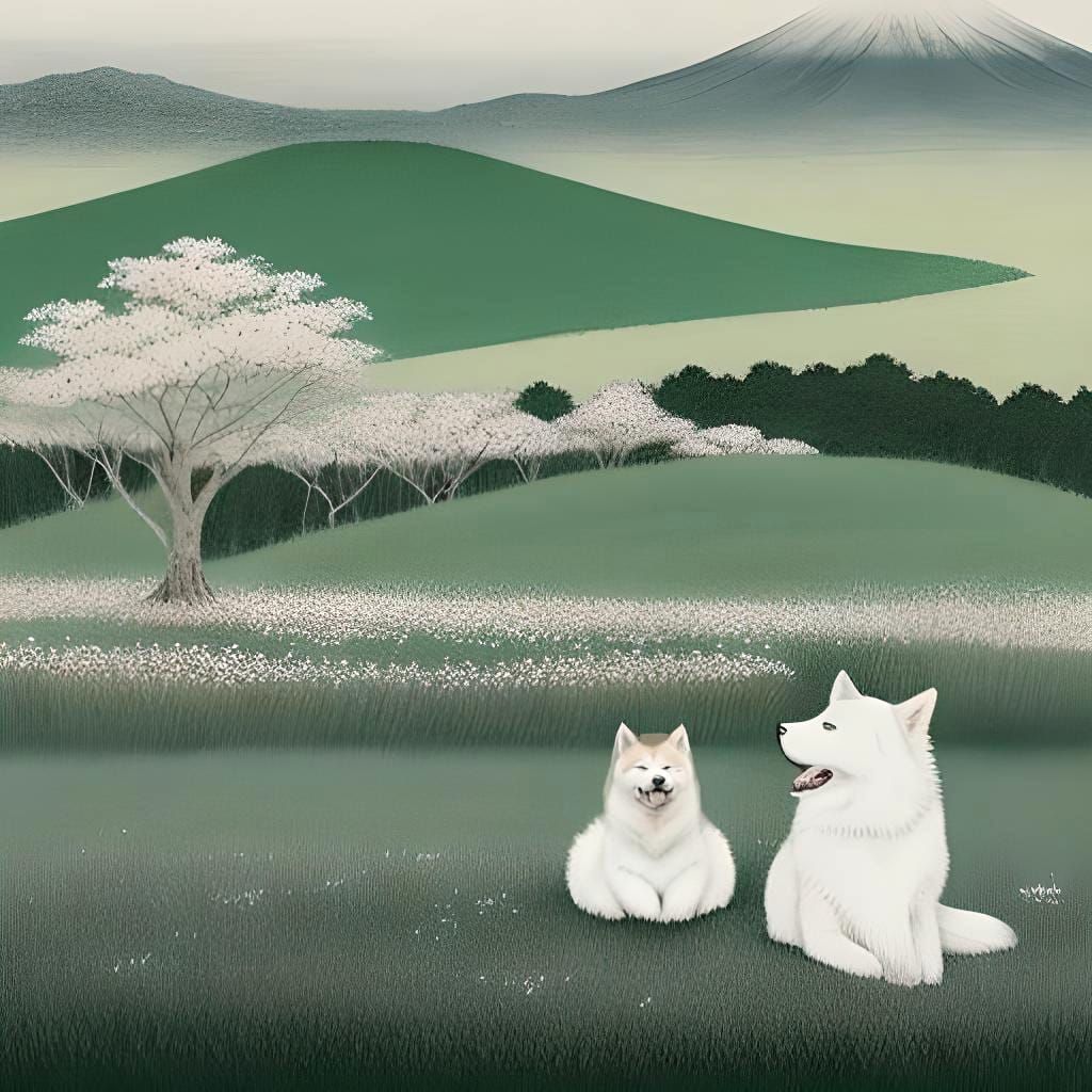 Two Akita Inus Play in a Green Meadow