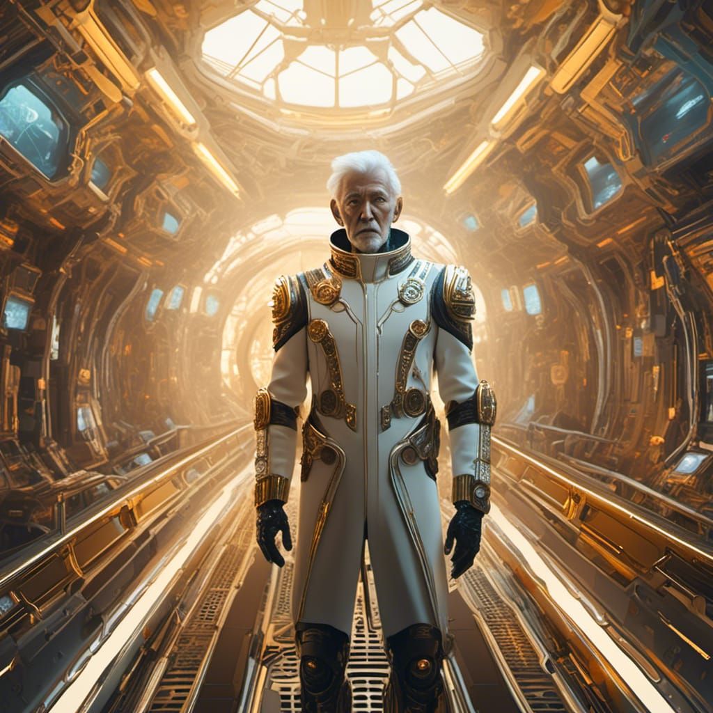 Old Space Captain on Hi-Tech Bridge in Dark Fantasy