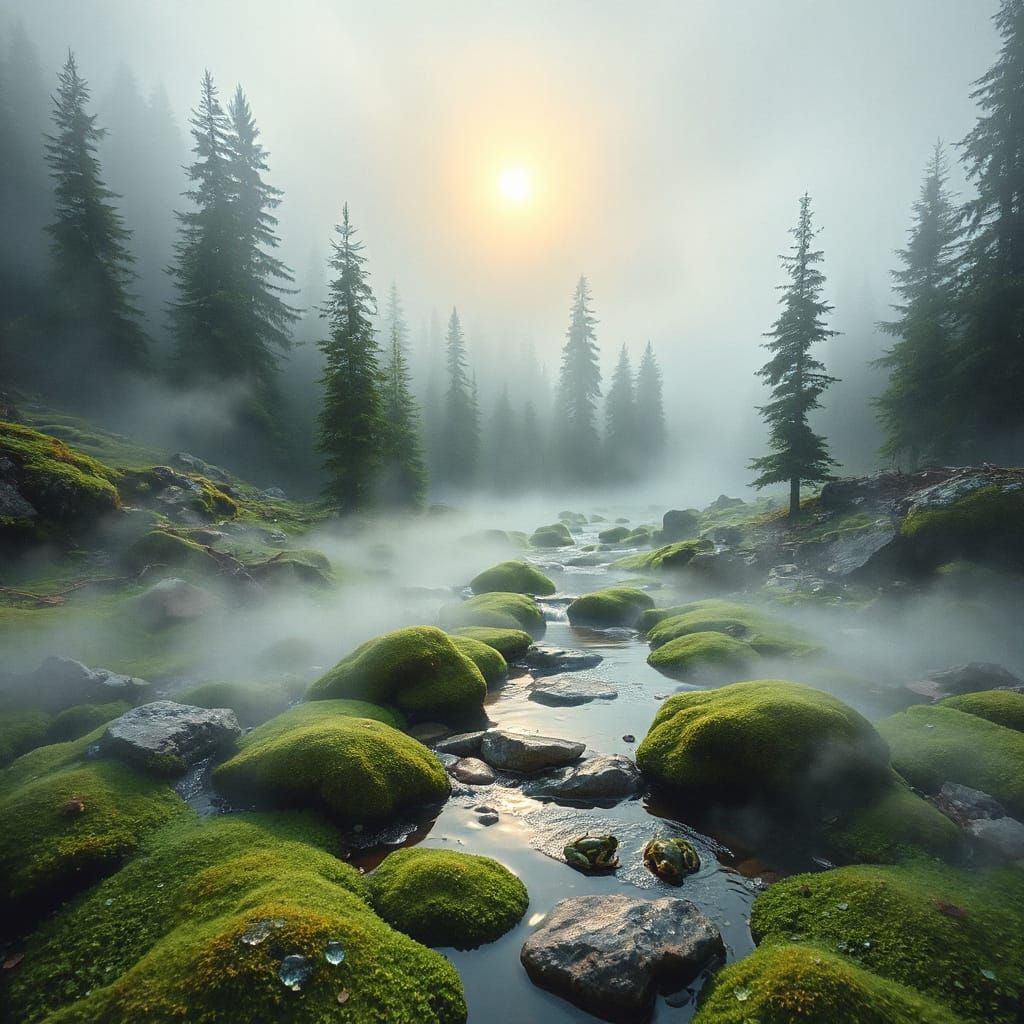 Misty Scandinavian Forest Morning with Creek