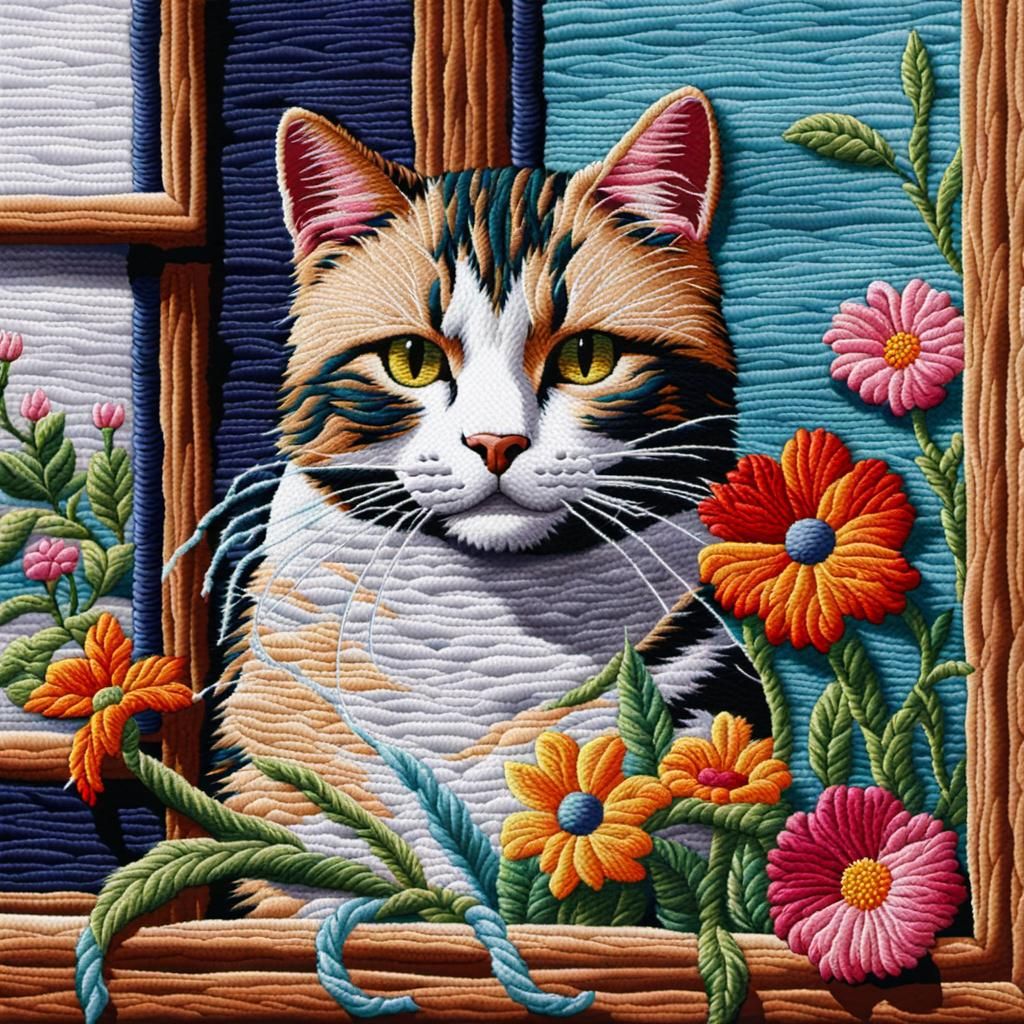 Embroidered Cat on Windowsill with Flowers