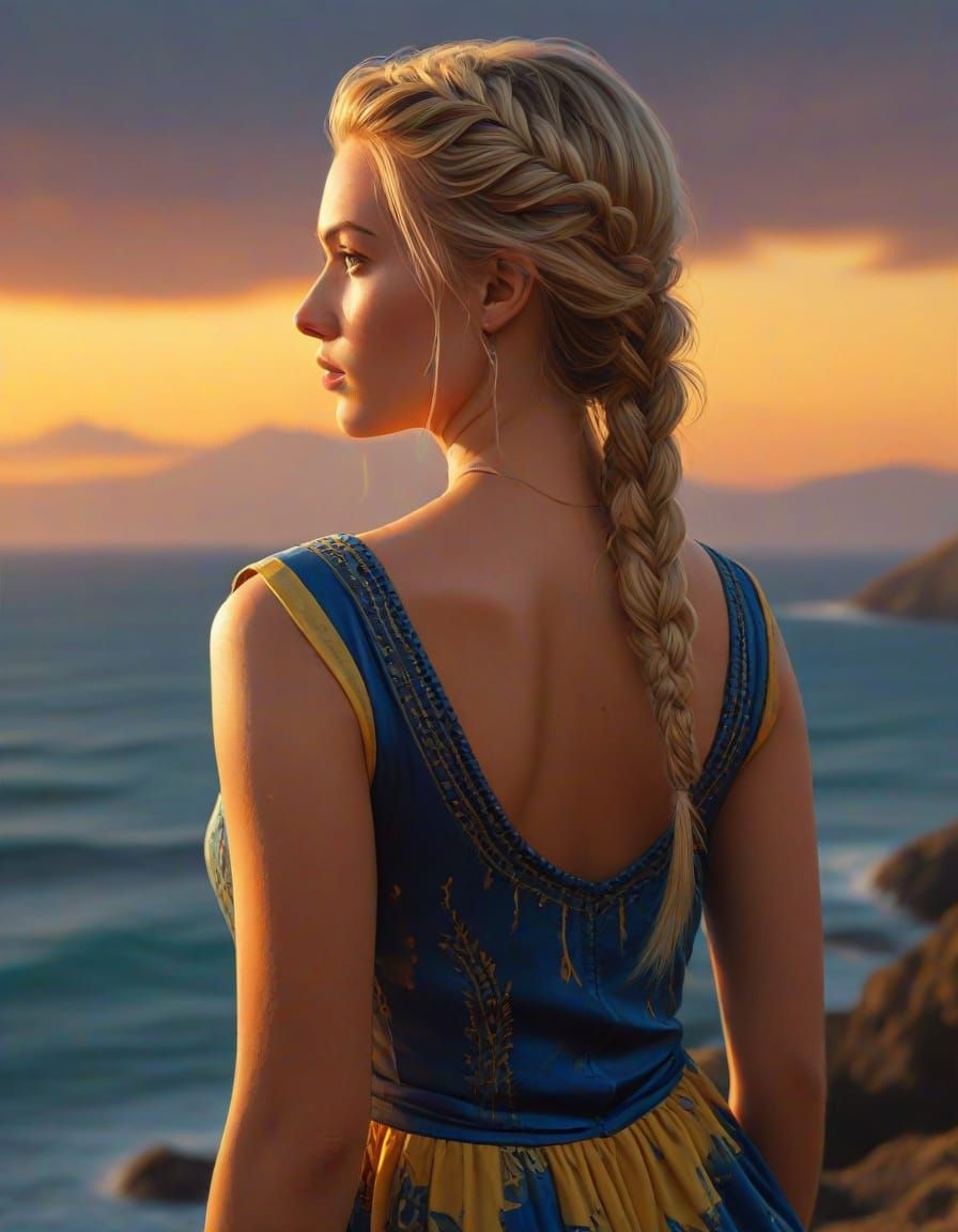 Blonde Girl in Blue & Yellow Dress with Golden Hour Lighting