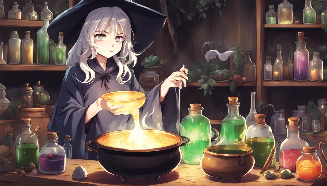Anime Witch with Cauldron and Magic Potions