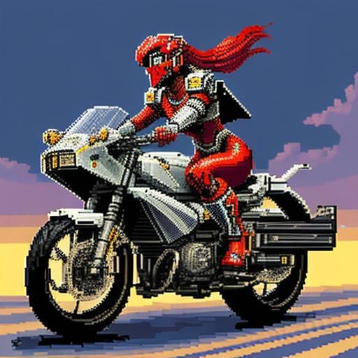 powered armor japanese girl riding to the sunset, pixel art,...