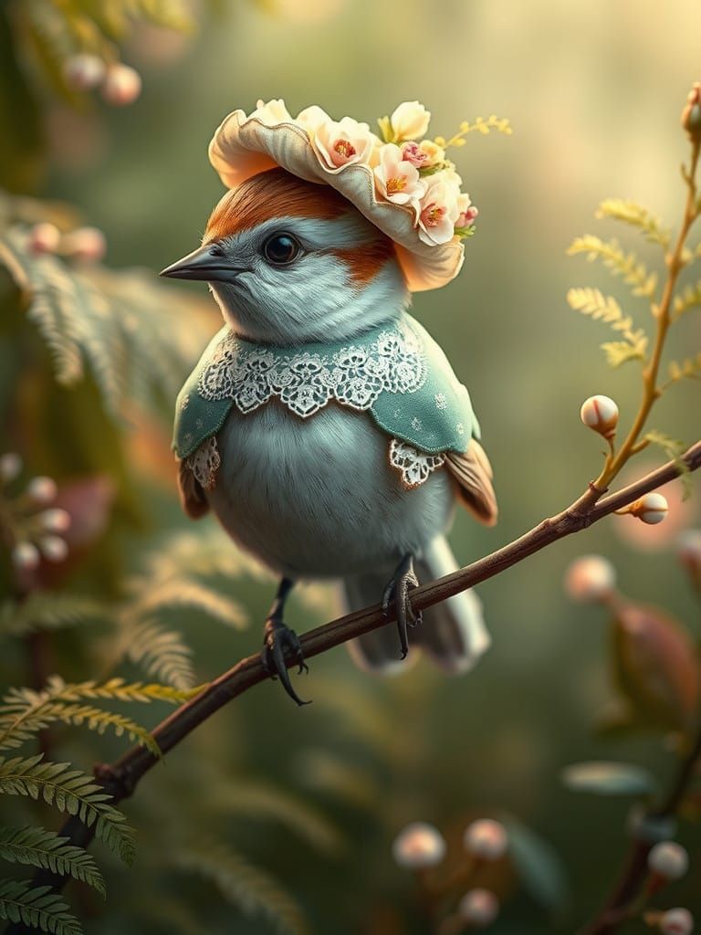 Victorian Bird in Whimsical Botanical Wonderland