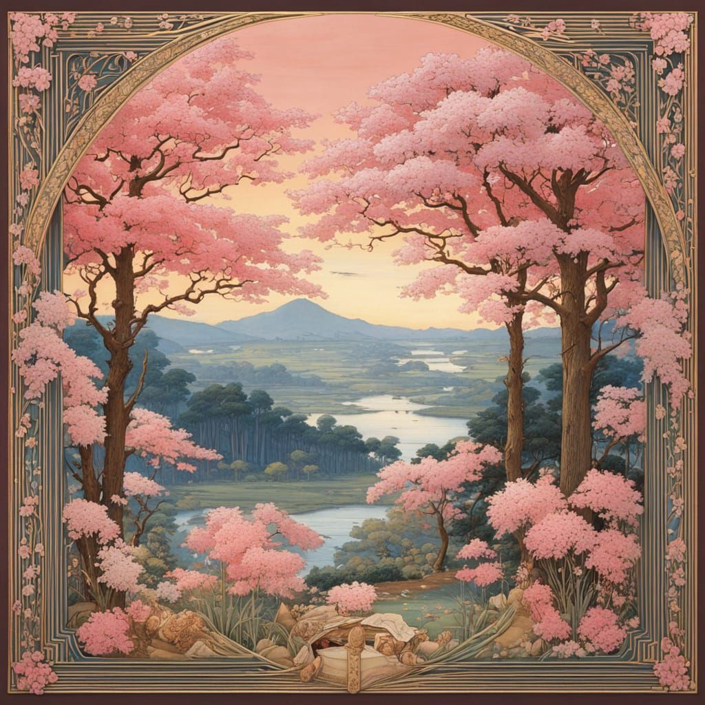 Anime Valley Landscape in Walter Crane Style