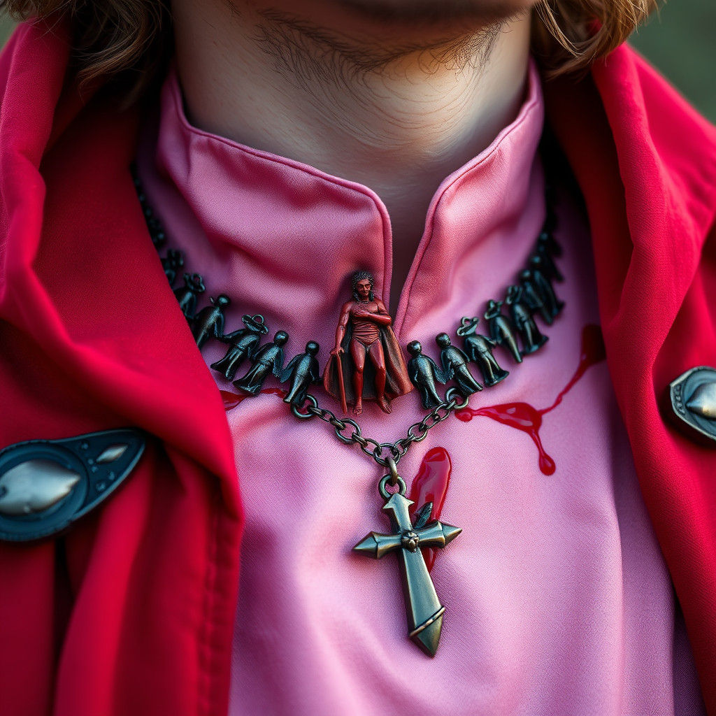 Medieval Cloak with Red Skinless Figures in Metal