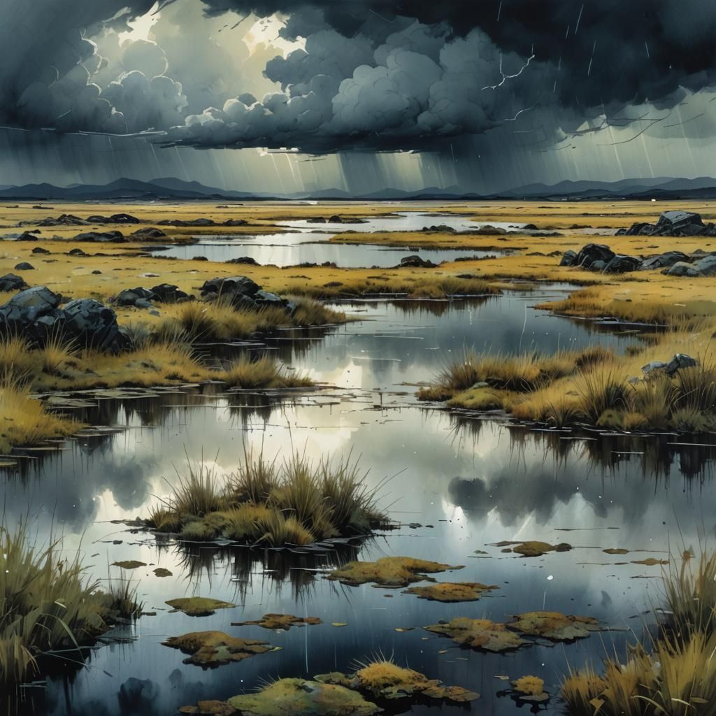Stormy Scottish Marsh: Watercolour Fantasy Masterpiece