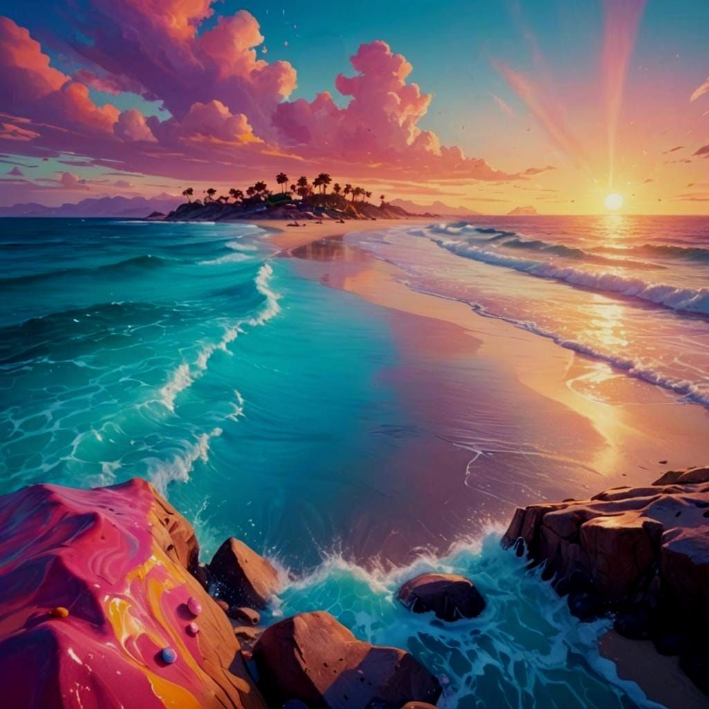 Hyperrealistic Beach Scene in Candy Art Style