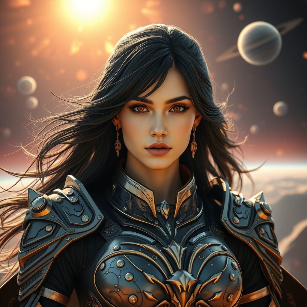 Regal Sci-Fi Warlord in Celestial Armor with Flowing Cape