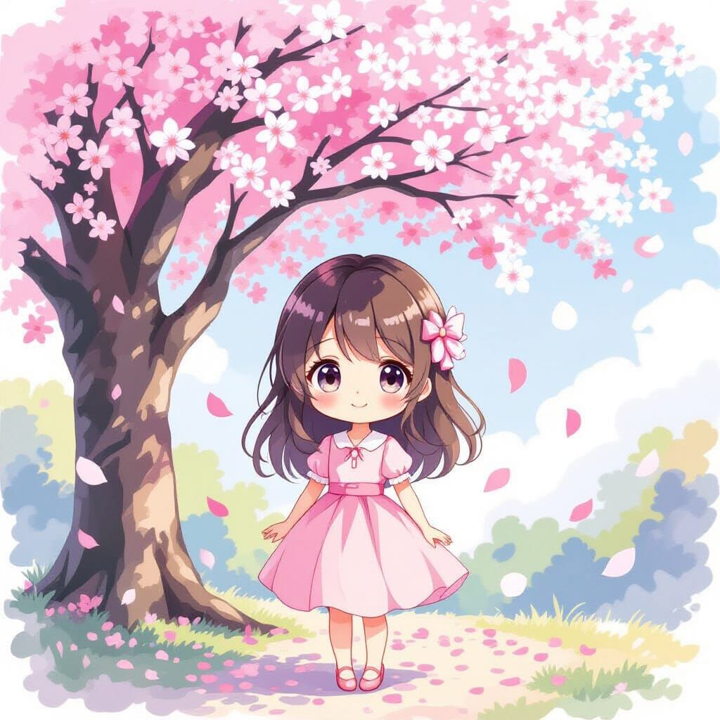 Chibi Girl under Cherry Blossom Tree in Watercolor Style