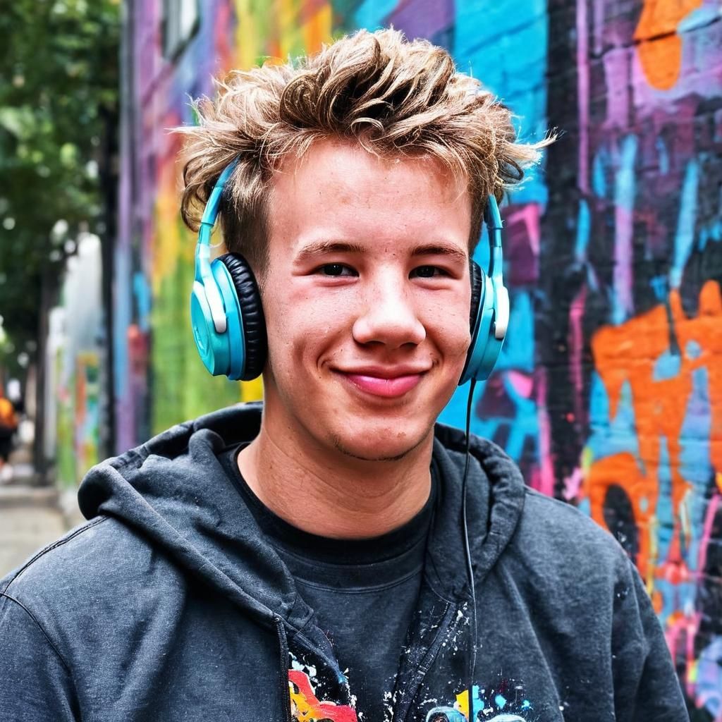 Graffiti Portrait of Smiling Gamer in Street Art Style