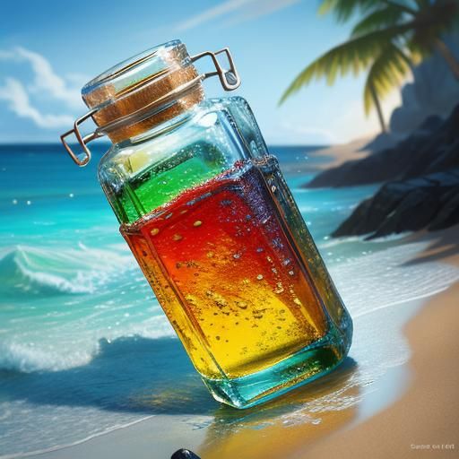 Hyperrealistic Elf Beach Scene in a Bottle