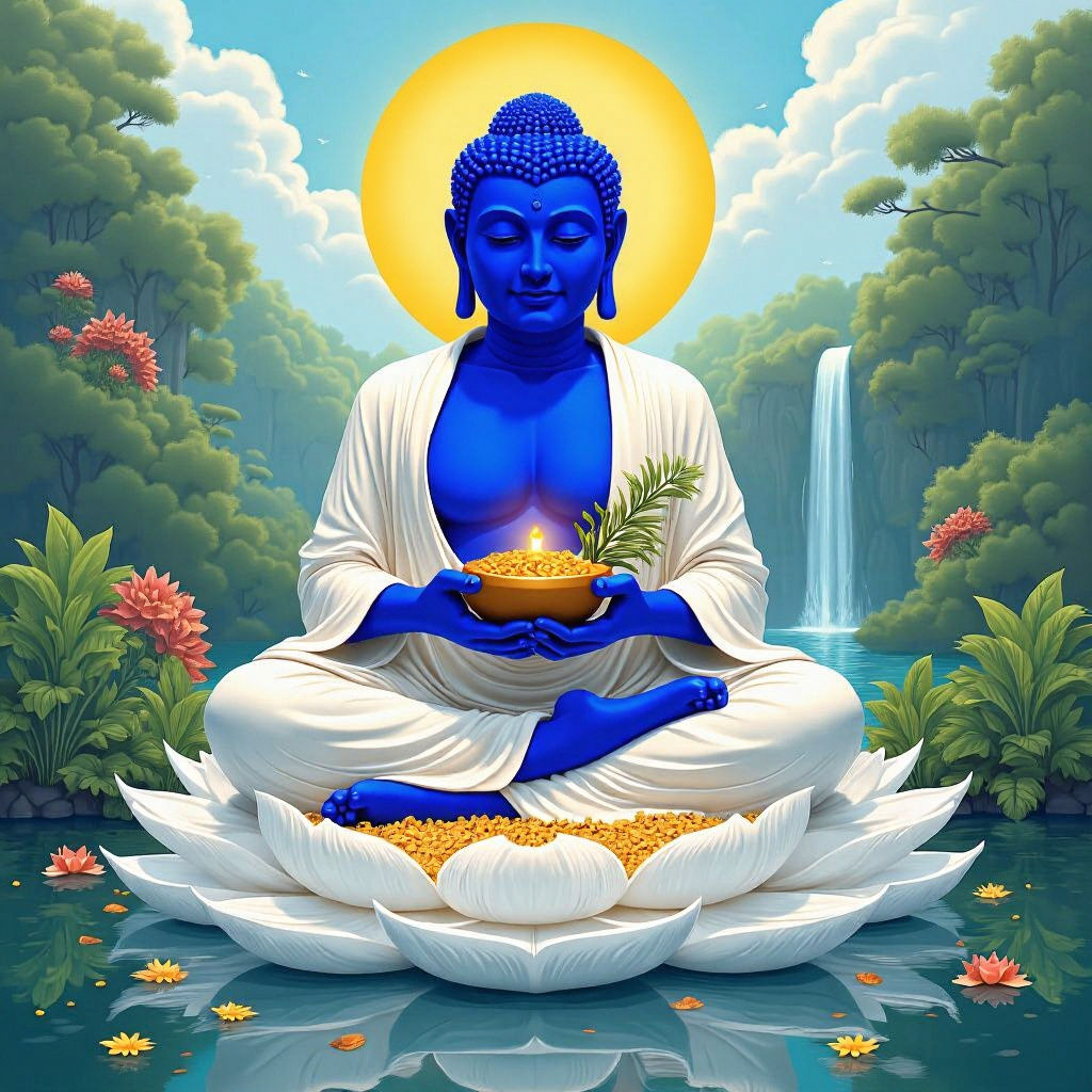 Hyperrealistic Buddha in Celestial Landscape