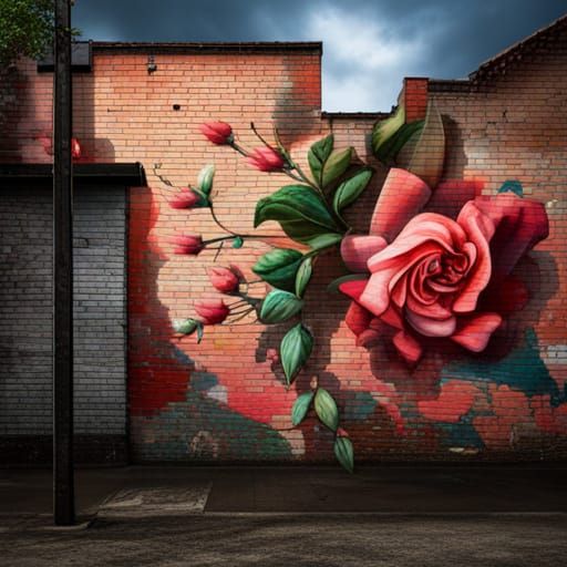 Graffiti Rose Flower on Brick Wall: Digital Painting