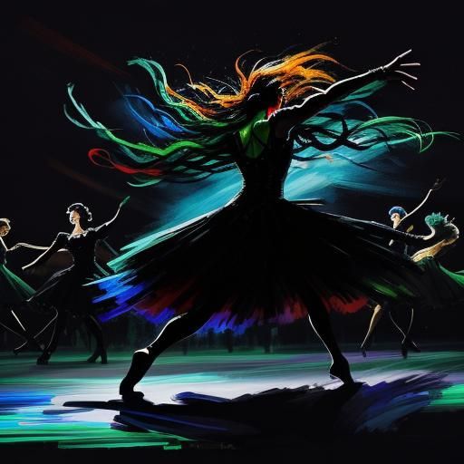 Expressionist Dancers in Motion on Dark Stage