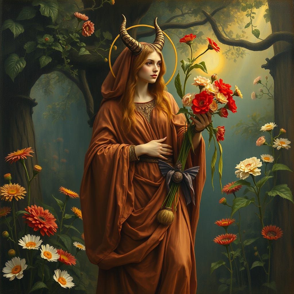 Astarte Holding Flowers of Evil in Golden Light