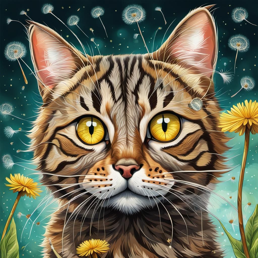 funny illustration, cute comical tabby  cat swatting at floa...