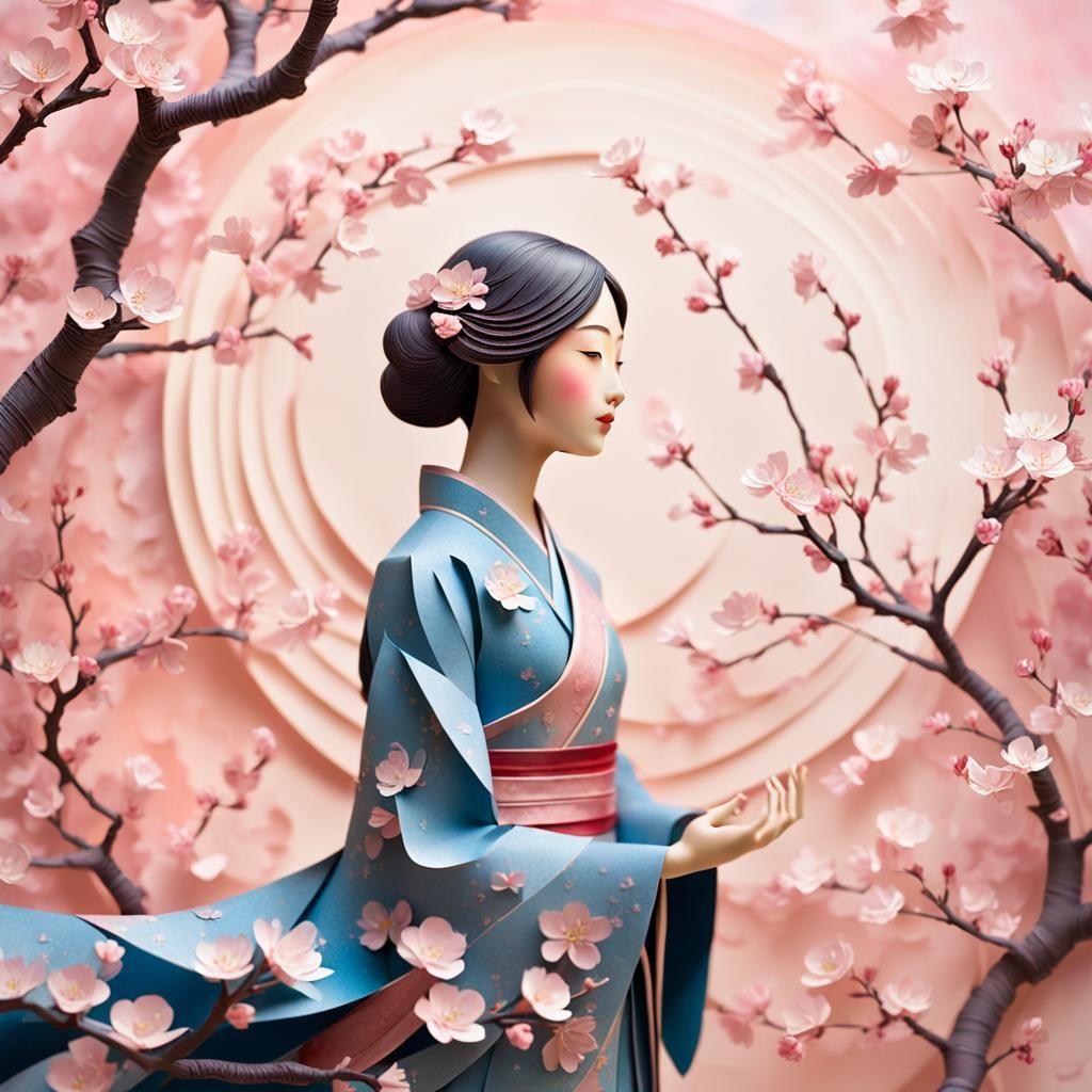 Delicate Asian Paper Girl in Cherry Blossoms