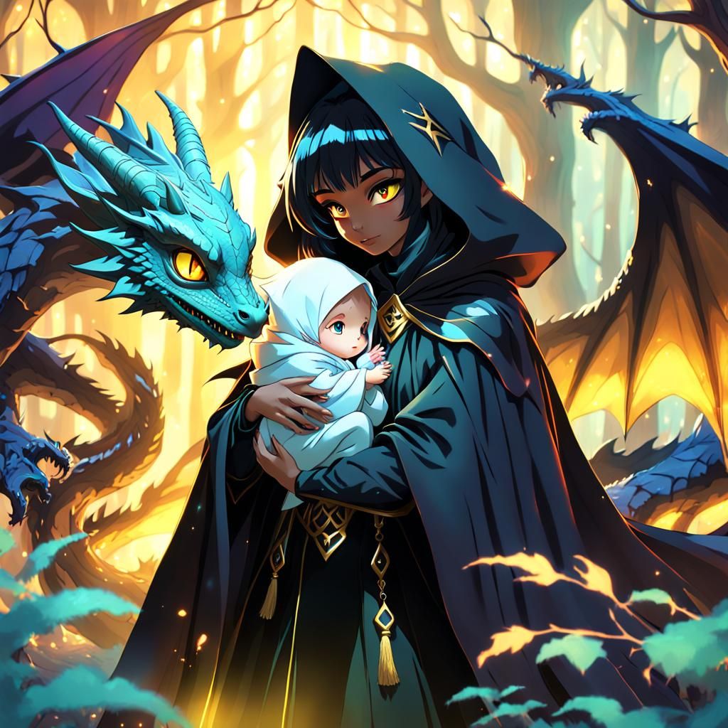 Anime Witch and Dragon in Dark Fantasy Forest