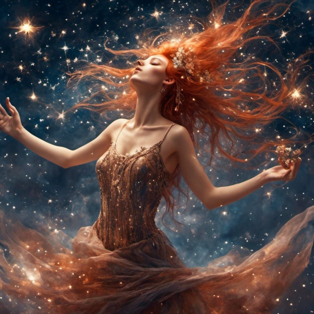 Ethereal Woman with Flowing Hair in Starry Sky