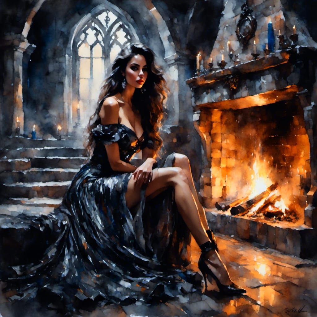 Brunette in Castle: Dark Fantasy Gouache Portrait