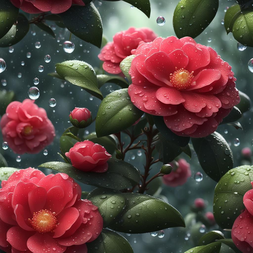 Camellia Bush in Morning Dew: Detailed Matte Painting