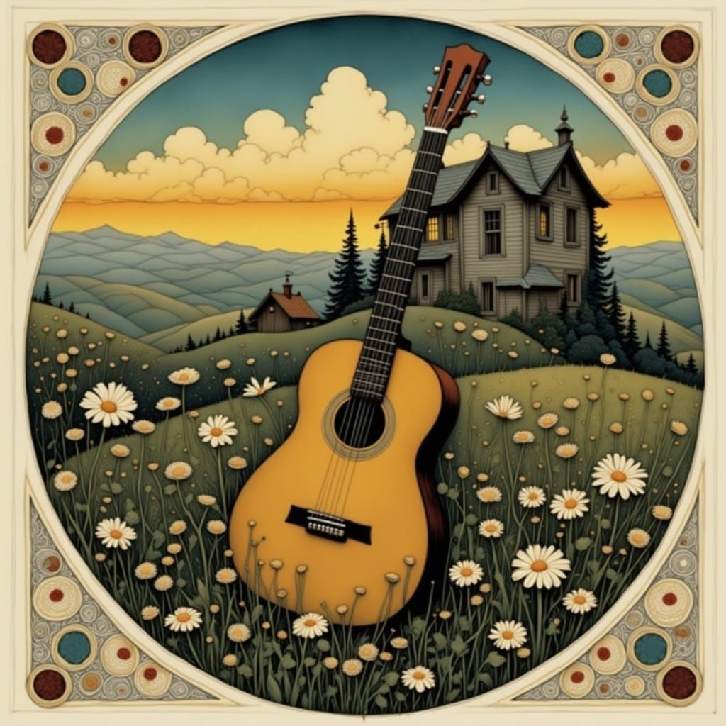 Romantic Cottage Scene with Guitar and Wildflowers in Whimsi...