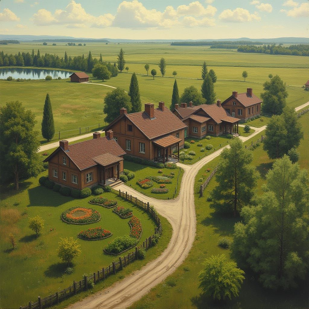 Idyllic Soviet-Style Village Nestled in a Rolling Plain