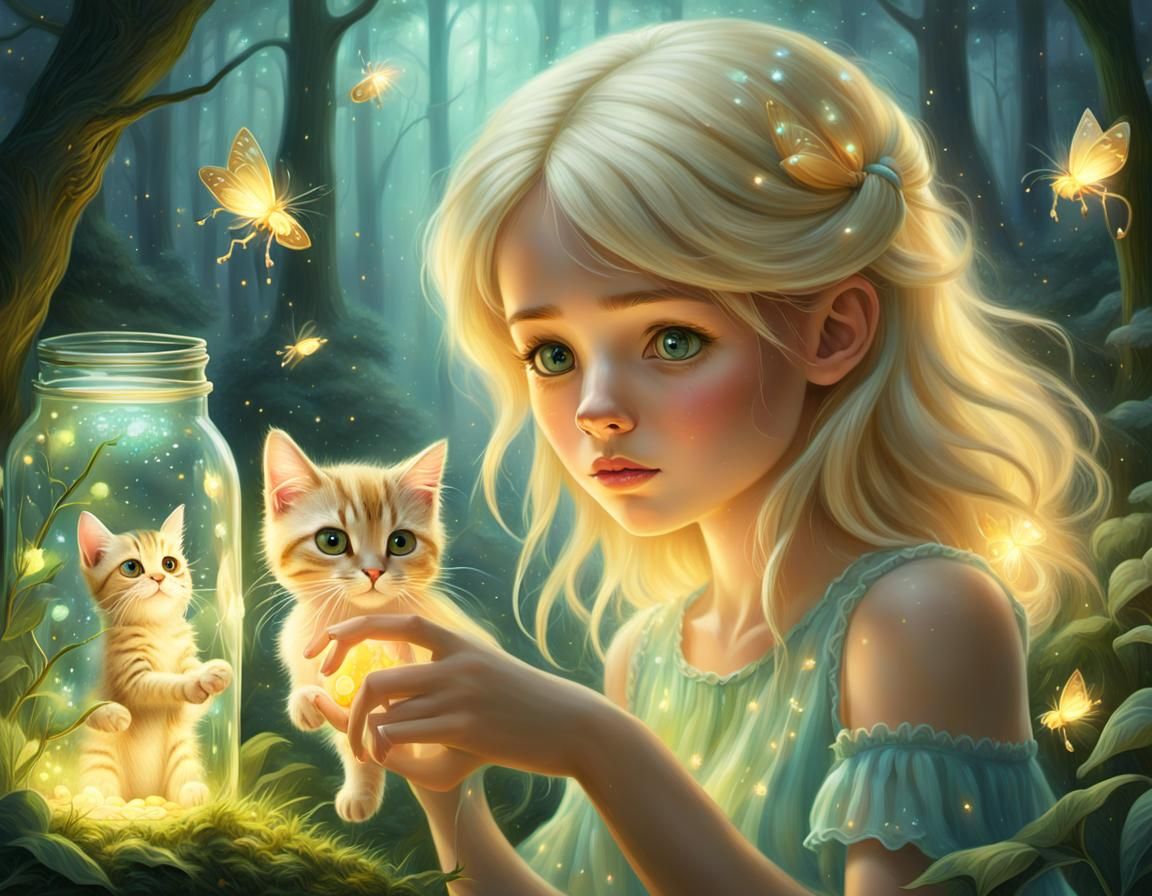 Enchanting Forest Glade: Kitten and Girl Catching Fireflies