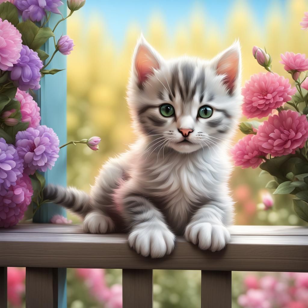 Cute Kitten Surrounded by Flowers on Porch