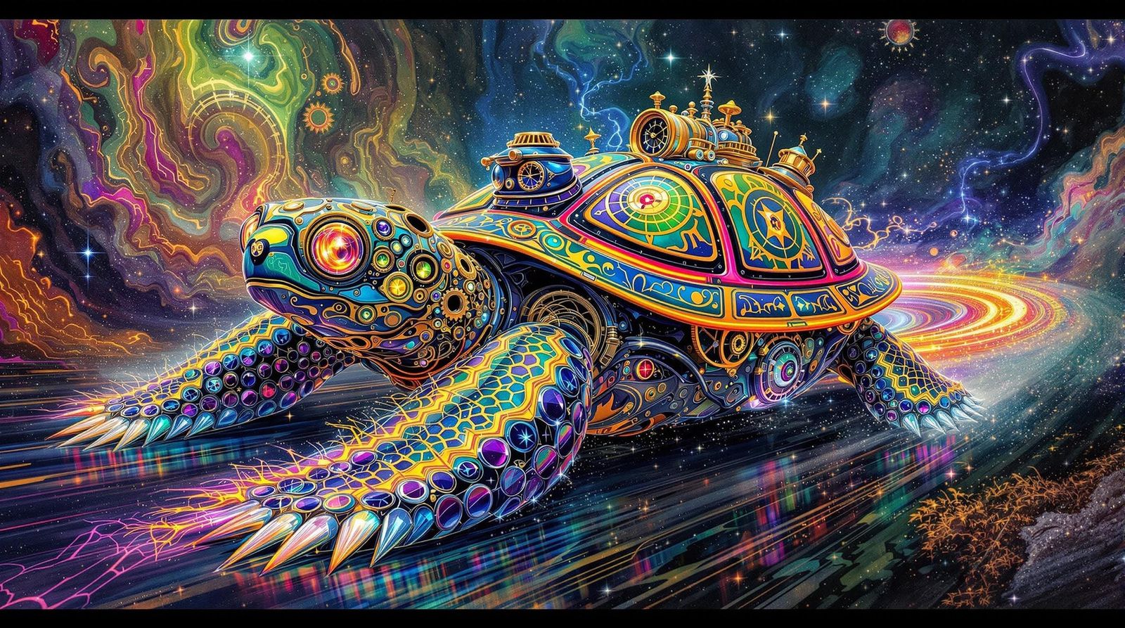 Steampunk Turtle Racing Car with Neon Stripes