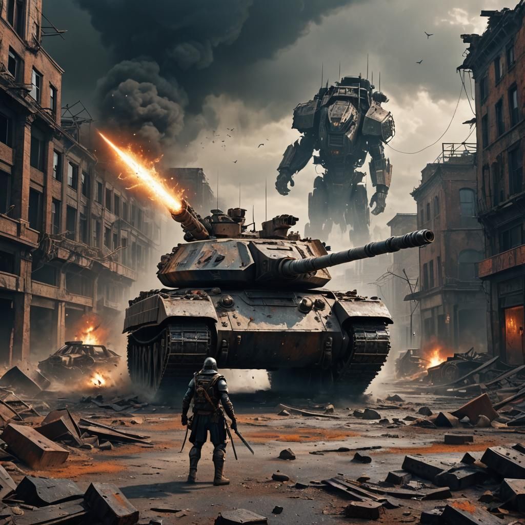 Tank Charges Warrior in Post-Apocalyptic Cityscape