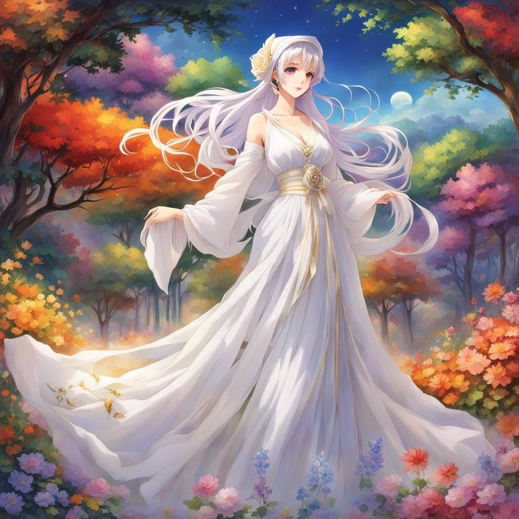 Elegant Lady in Rainbow Gown, Anime Style