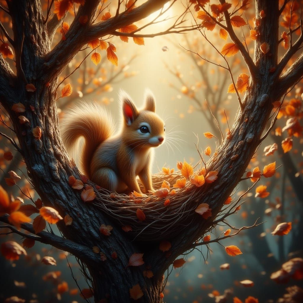 <lora:-Omnious-:1.0> Squirrel nest in a tree