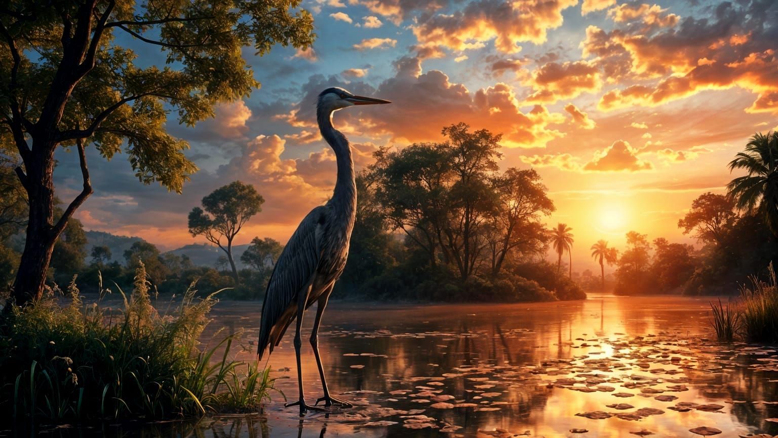 Heron in Lush Marsh at Sunset: Fantasy Art