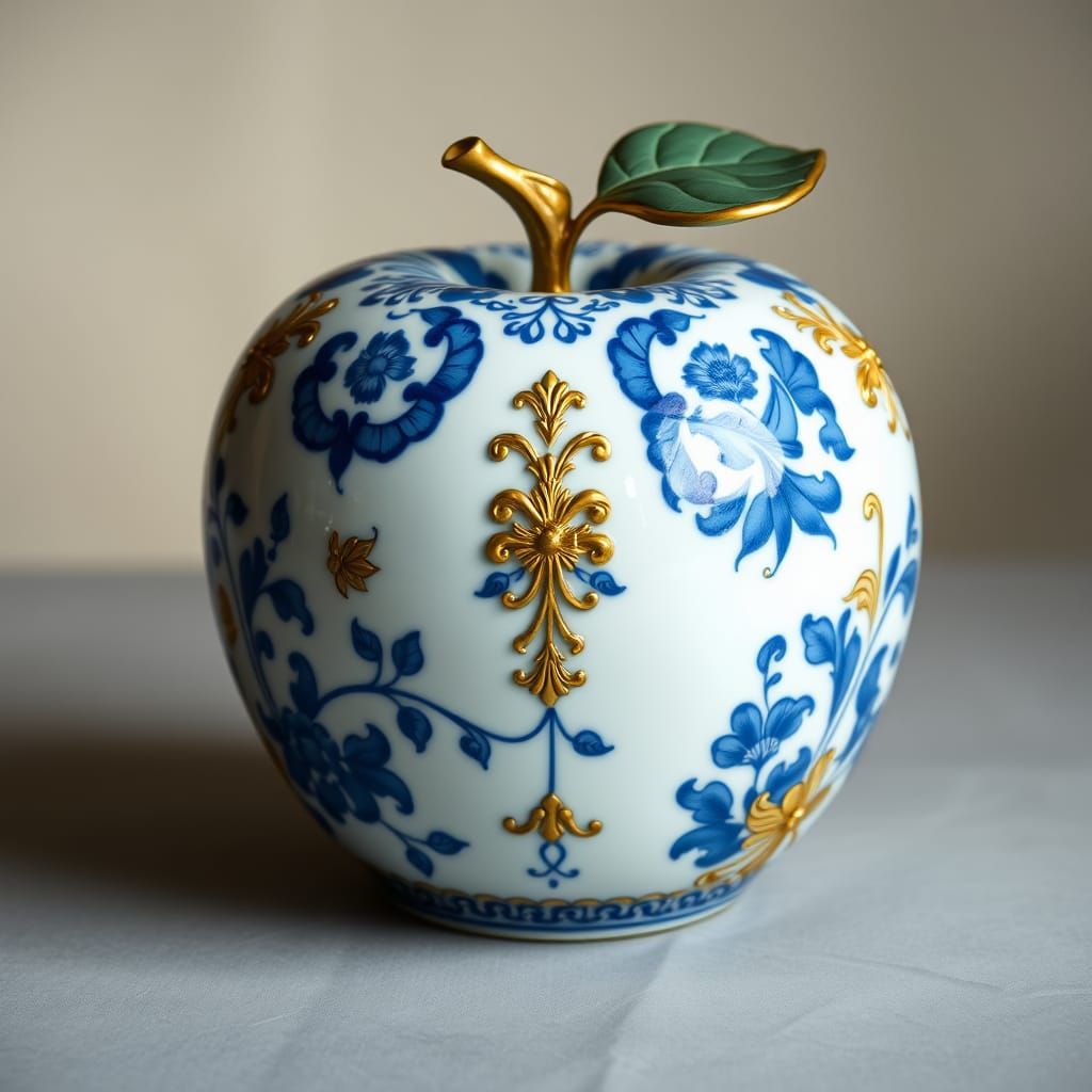 Elegant Blue and Gold Porcelain Apple