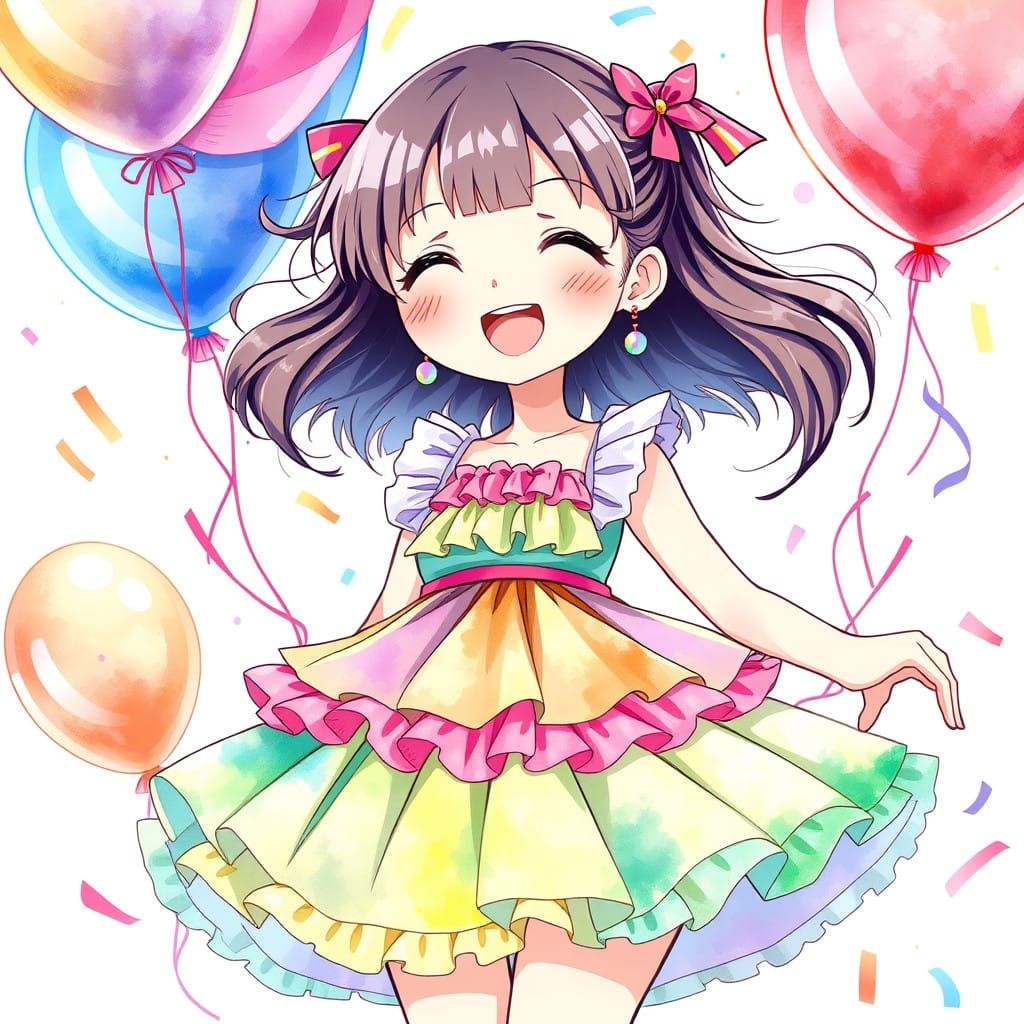 Anime Birthday Girl in Whimsical Watercolor Style