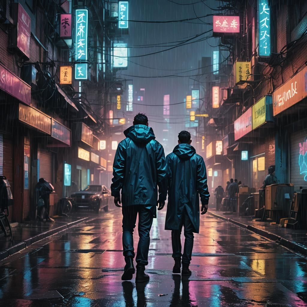 Cyberpunk Man in Blue Jacket Walks in Rain